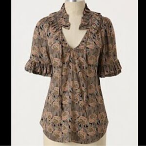 Anthropologie Odille Floral Short Sleeve Ruffle Blouse Sz 4